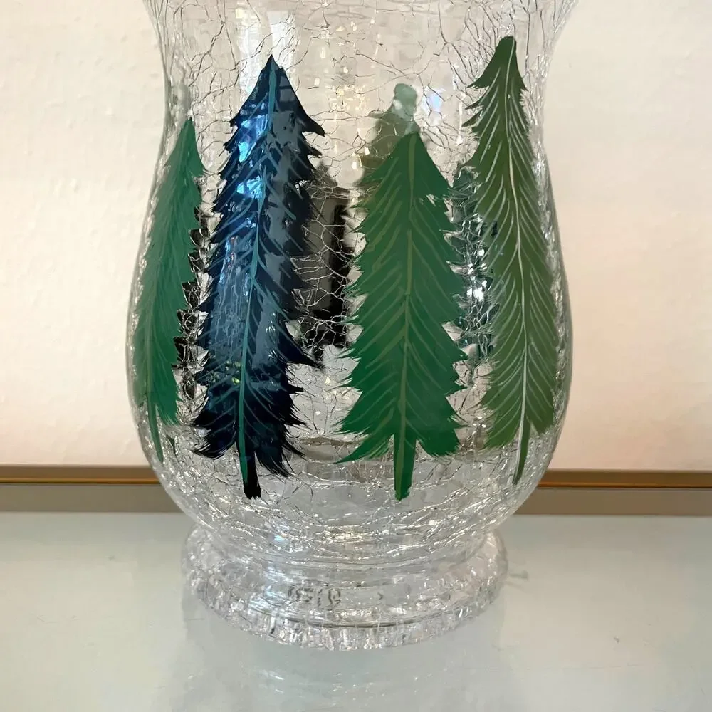 Christmas Pine Tree Crackle Glass Hurricane Candle Holder 8 x 5.5 Holiday New